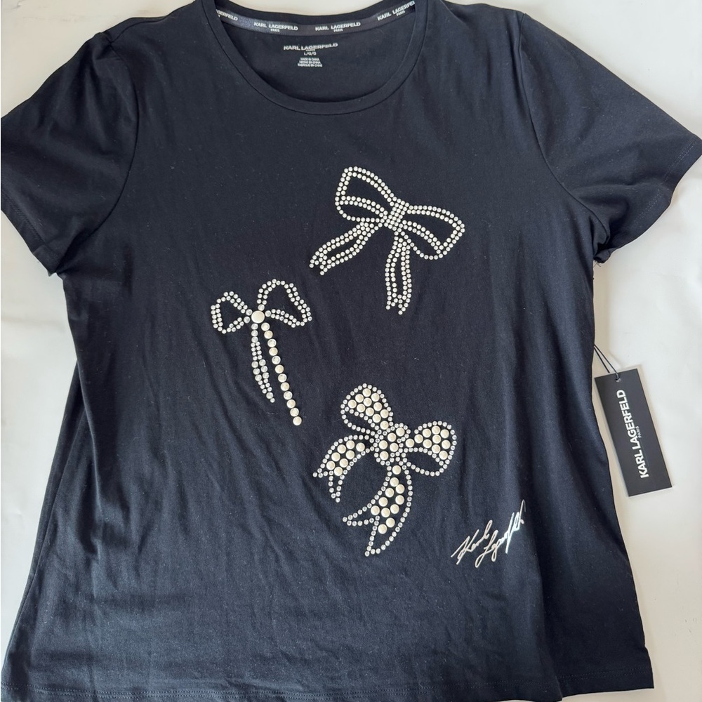 Karl Lagerfeld Paris Black Tee with Rhinestone Bows (New w/ Tags)